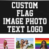 A black banner featuring various text and photo options for custom flags and logos.