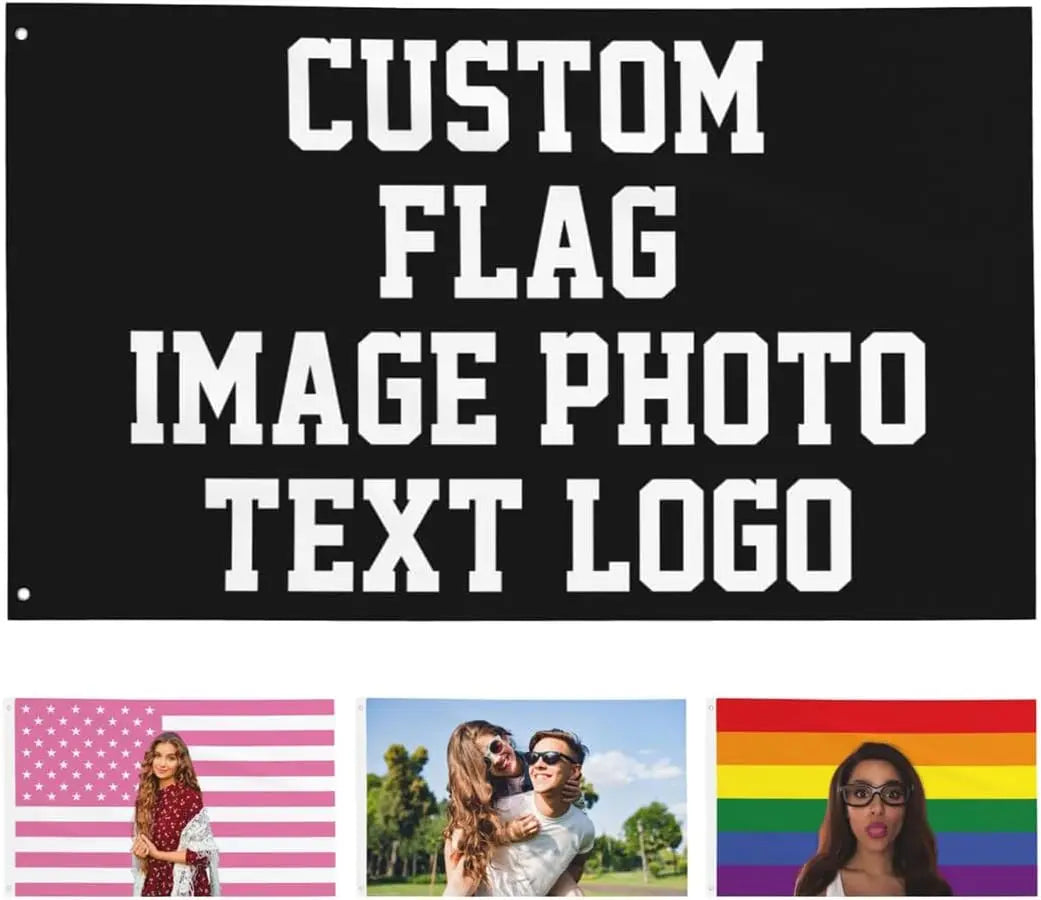 A black banner featuring various text and photo options for custom flags and logos.