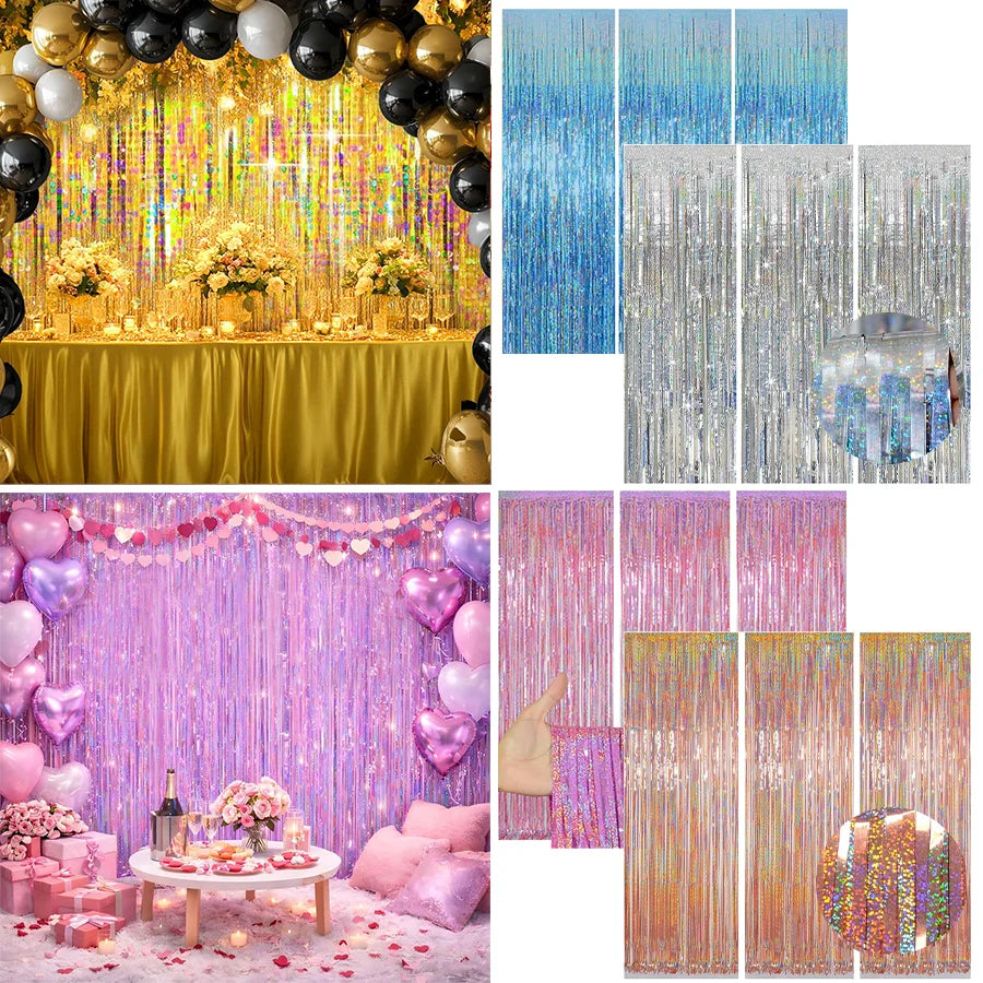 A collection of metallic foil tinsel fringe backdrops featuring various colors like gold, blue, and pink.