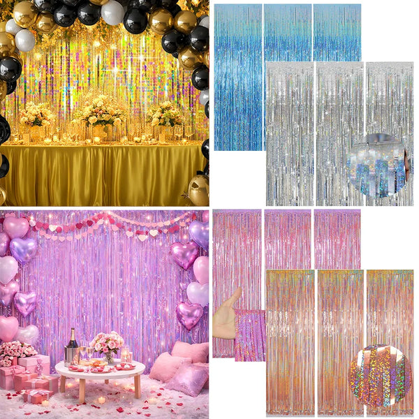 A collection of metallic foil tinsel fringe backdrops featuring various colors like gold, blue, and pink.
