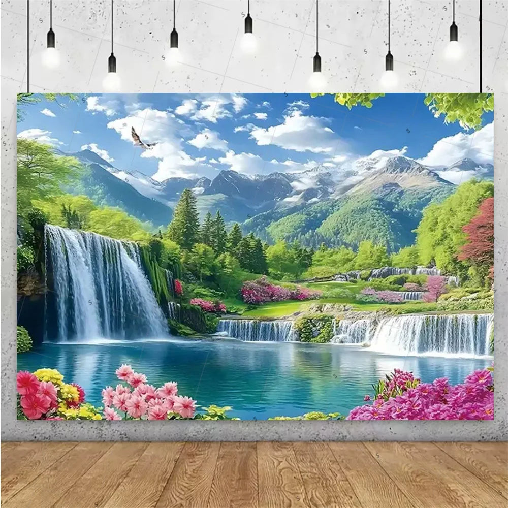 Forest Waterfall Wonderland Photography Backdrop