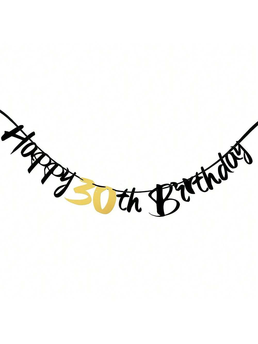 A black and gold glitter banner spelling out Happy 30th Birthday