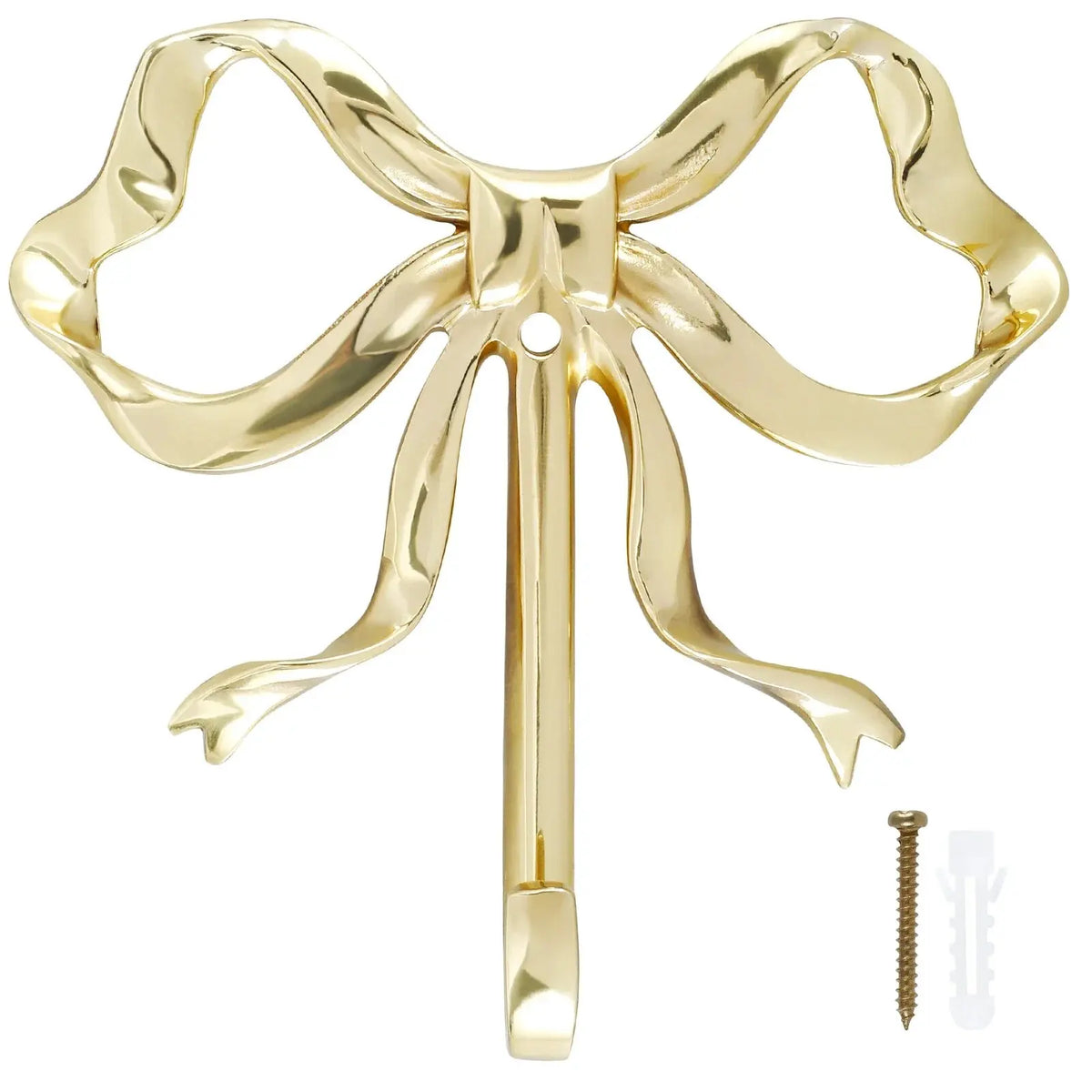 A brass elegant bowknot wall hook with a long rod and screw for home organization.
