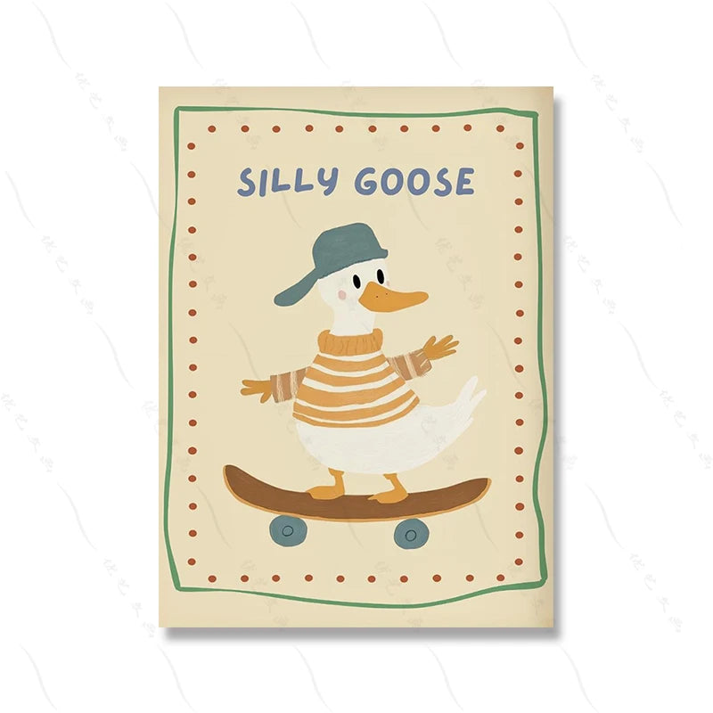 A vintage-style illustration of a silly goose wearing a hat and striped shirt riding a wooden skateboard.
