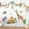 A wall decal set featuring various jungle and safari animals like a giraffe, lion, monkey, and bird on a white background.