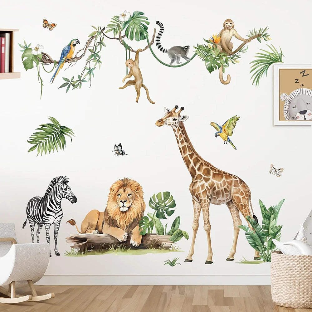 A wall decal set featuring various jungle and safari animals like a giraffe, lion, monkey, and bird on a white background.