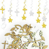 A collection of gold and silver crosses, stars, and leaves used for faith and celebration party decor.