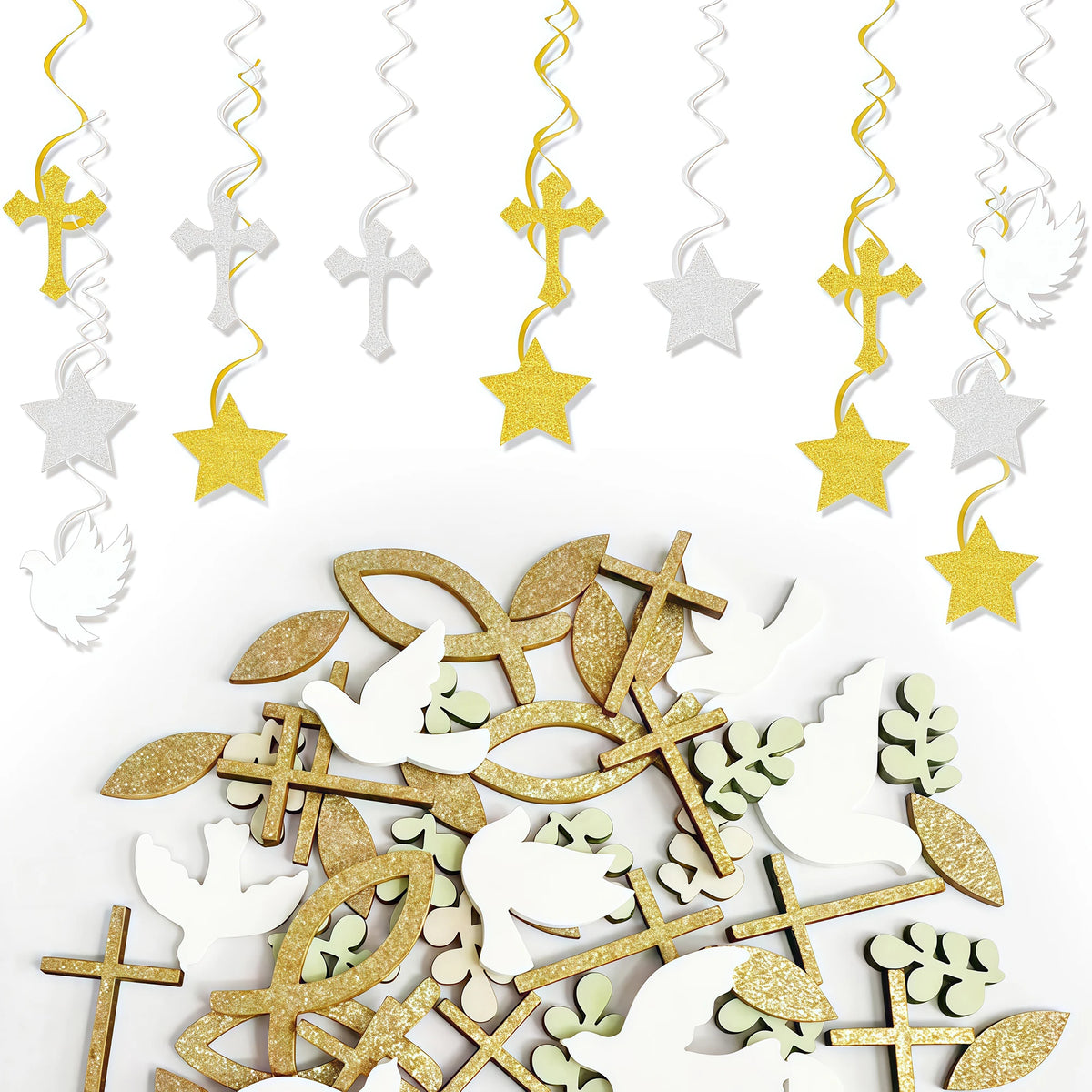 A collection of gold and silver crosses, stars, and leaves used for faith and celebration party decor.
