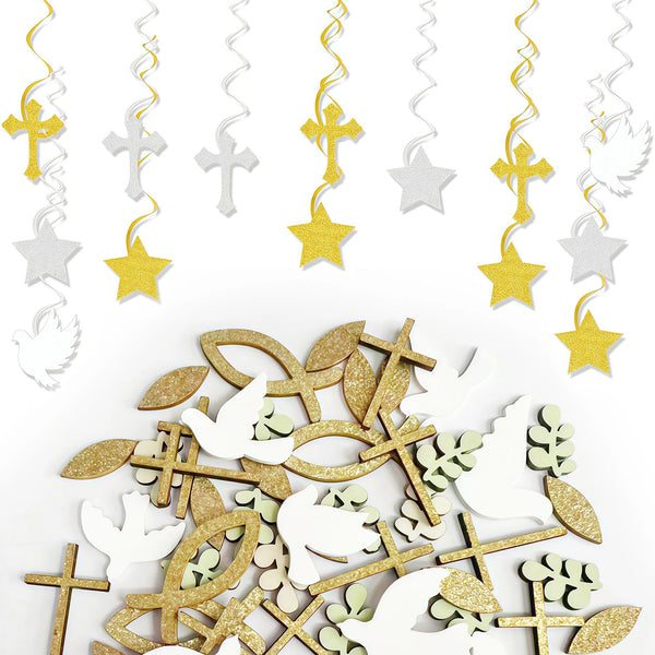 A collection of gold and silver crosses, stars, and leaves used for faith and celebration party decor.
