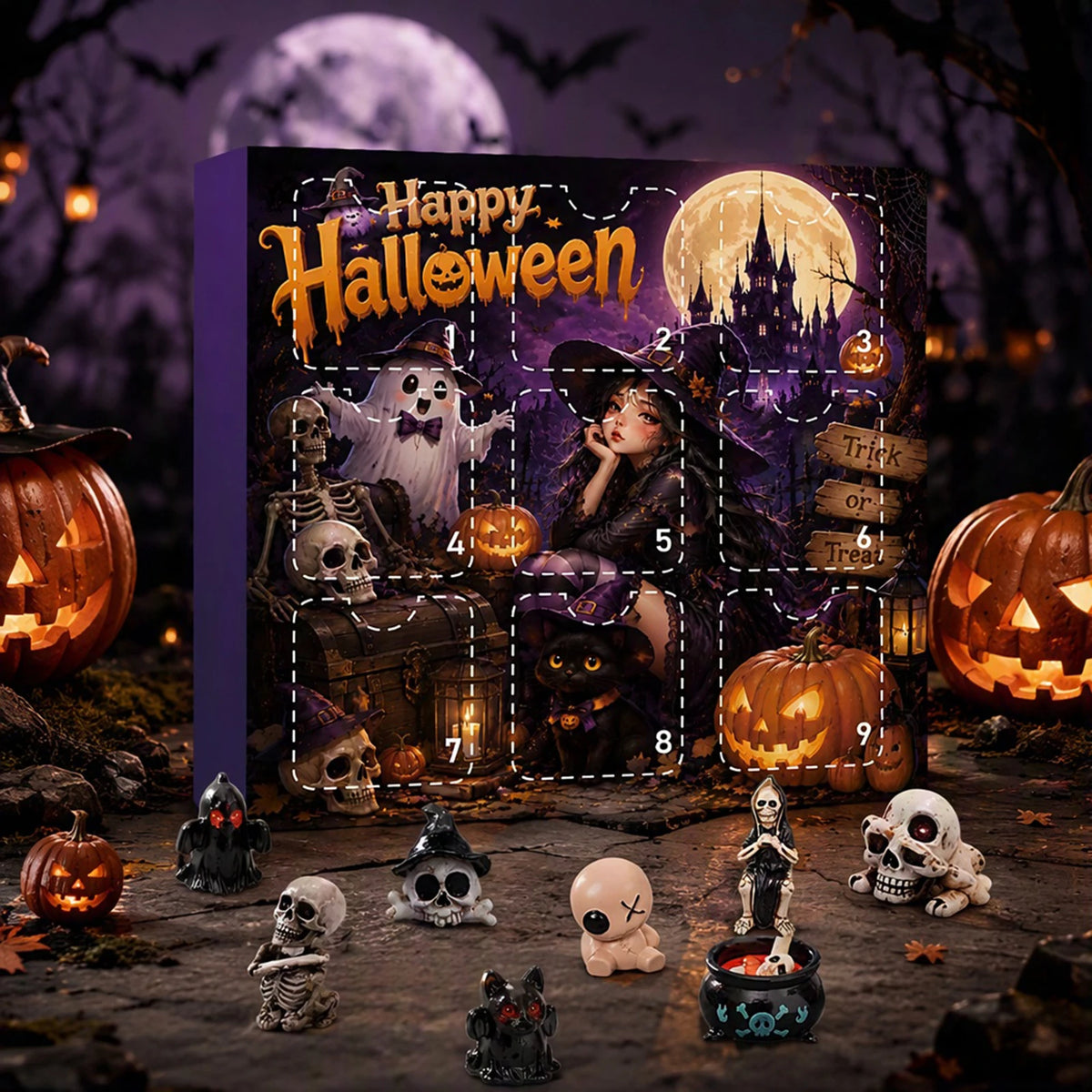 A Halloween themed advent calendar box featuring spooky figures and a full moon in a dark forest setting.