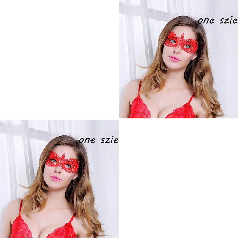 A woman wearing a red lace masquerade mask and a red lace top, looking directly at the camera.