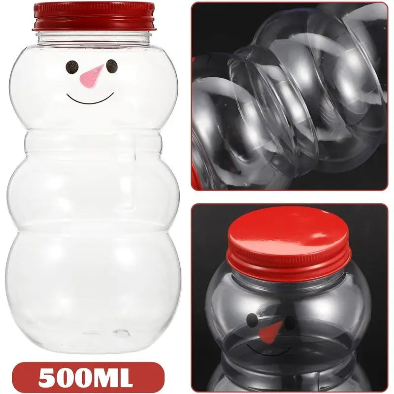 A set of six clear glass jars shaped like festive snowmen with red lids, shown in various angles.