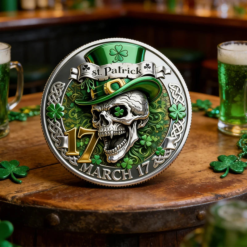 A commemorative coin featuring a skull wearing a green hat and surrounded by clover leaves, celebrating St. Patrick's Day.