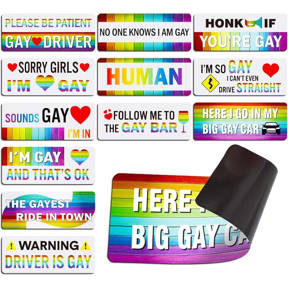 Collection de autocollants magnétiques arc-en-ciel de fierté avec diverses phrases comme 'I'm gay' et autres.