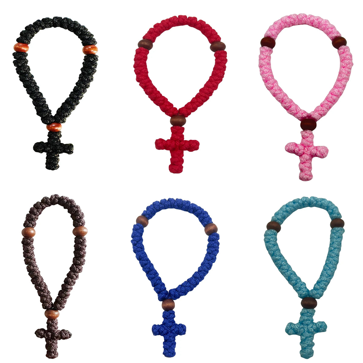 A collection of five handmade 33-knot Orthodox prayer ropes with cross charms in black, red, pink, brown, and blue.