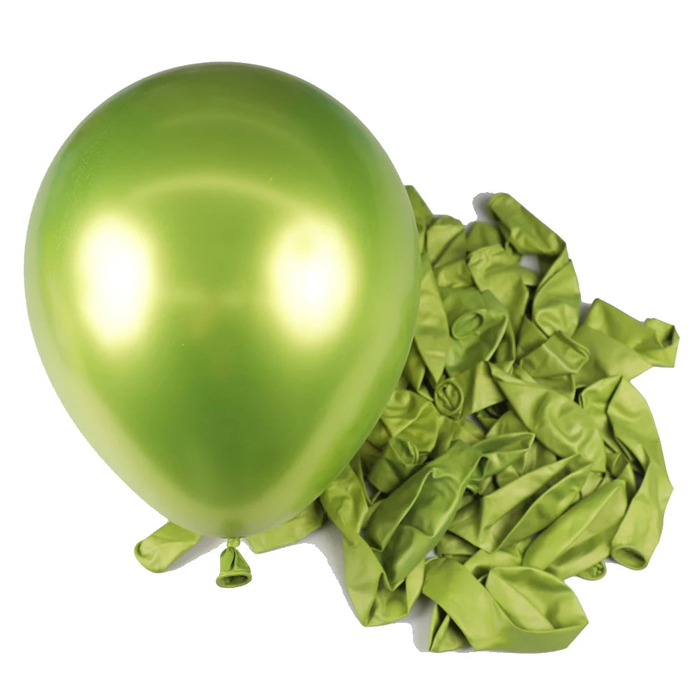 A single, inflated lime green latex balloon is shown next to a pile of crumpled lime green balloons.