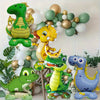 Assortment of decorative foil animal balloons featuring green, yellow, and blue dinosaurs and other animals