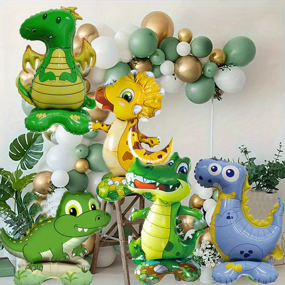 Assortment of decorative foil animal balloons featuring green, yellow, and blue dinosaurs and other animals