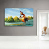 A painting of a rooster surfing on a green wave, used for indoor decor.