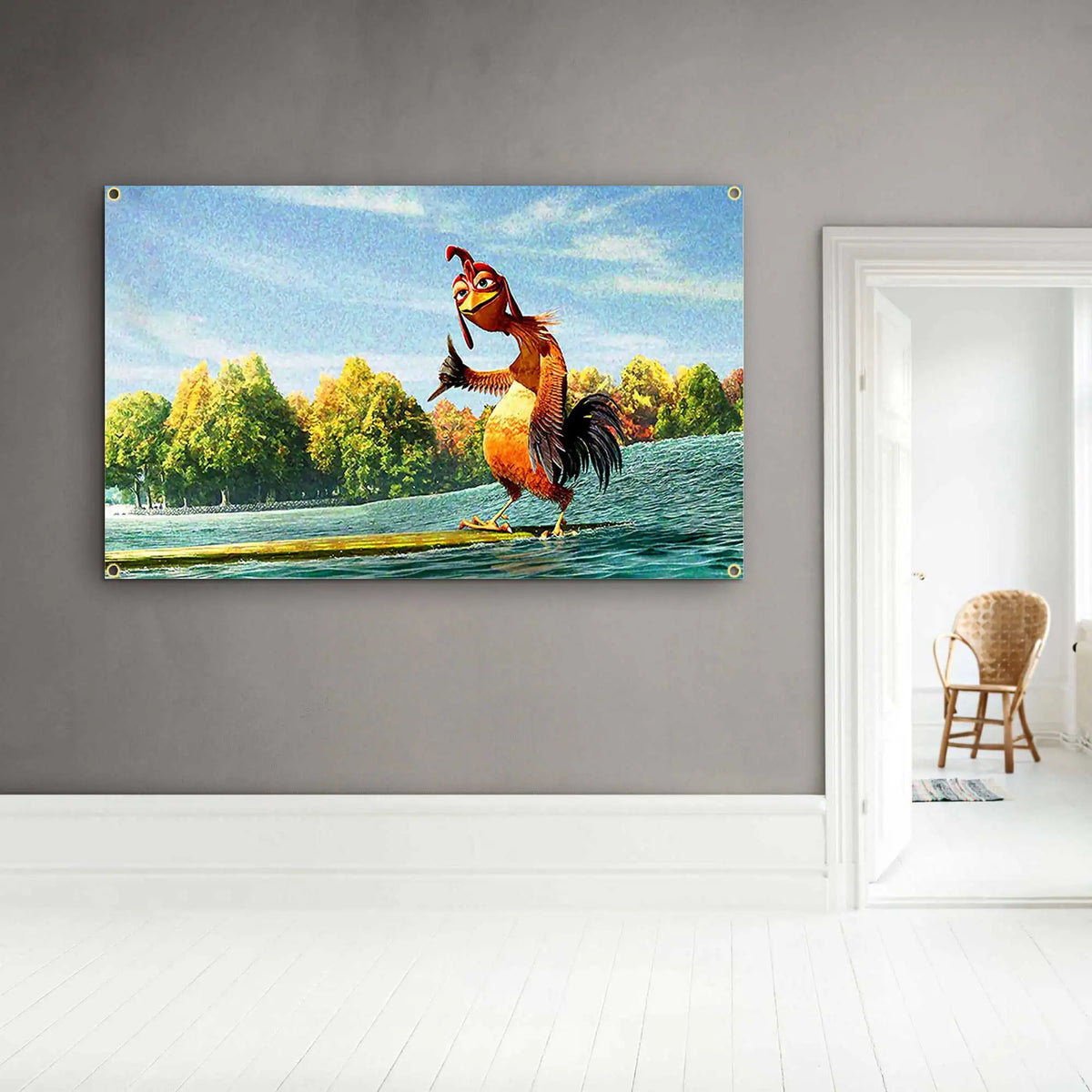 A painting of a rooster surfing on a green wave, used for indoor decor.