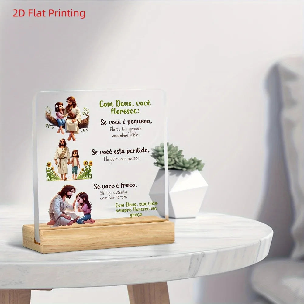 A clear acrylic print featuring a Christian message about God's grace and forgiveness, displayed on a wooden base.