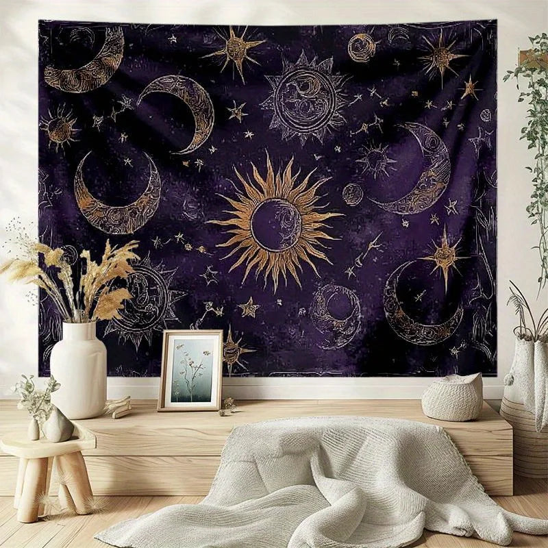 A dark purple tapestry featuring a celestial starry sky design with gold crescent moons and sunbursts.