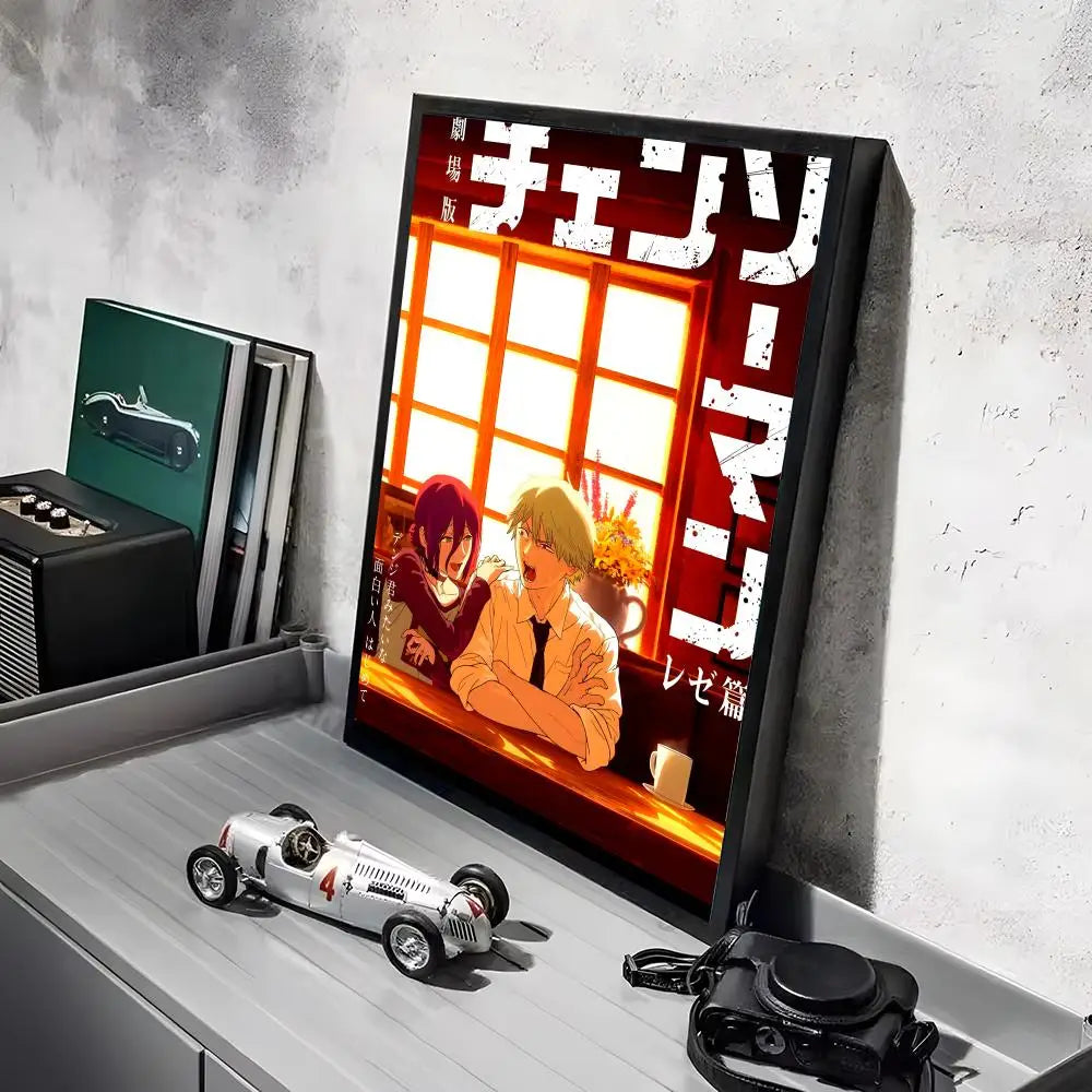A framed print of the C-Chainsaw Man anime featuring two characters against a window background.