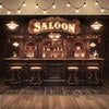 A rustic saloon interior with wooden bar, shelves of bottles, and a distressed sign above.