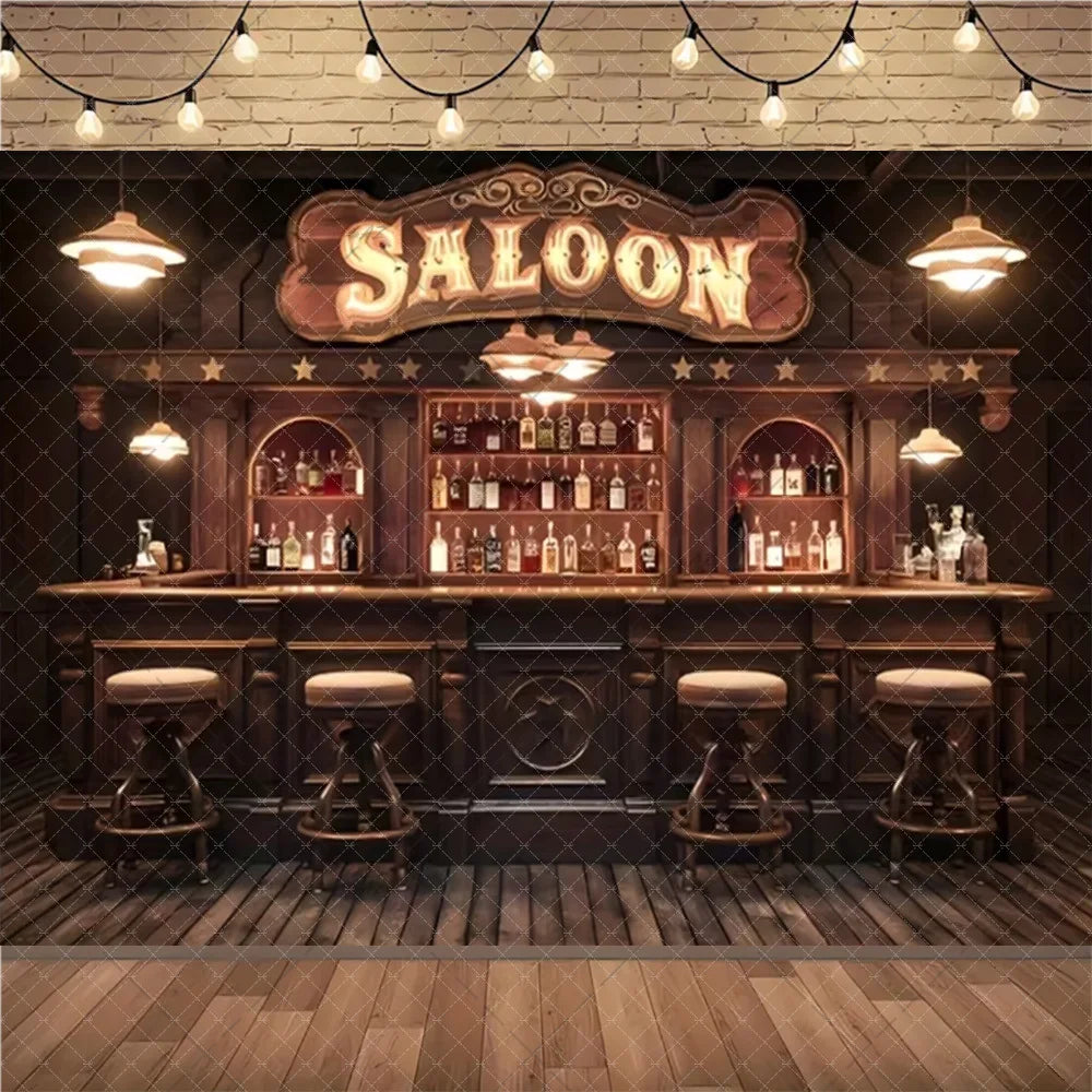 A rustic saloon interior with wooden bar, shelves of bottles, and a distressed sign above.
