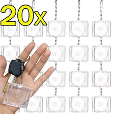 A hand holds a clear plastic CD keychain with 20 attached chains, demonstrating the product's quantity.