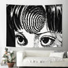 A black and white tapestry wall hanging featuring a stylized eye design inspired by Junji Ito manga.