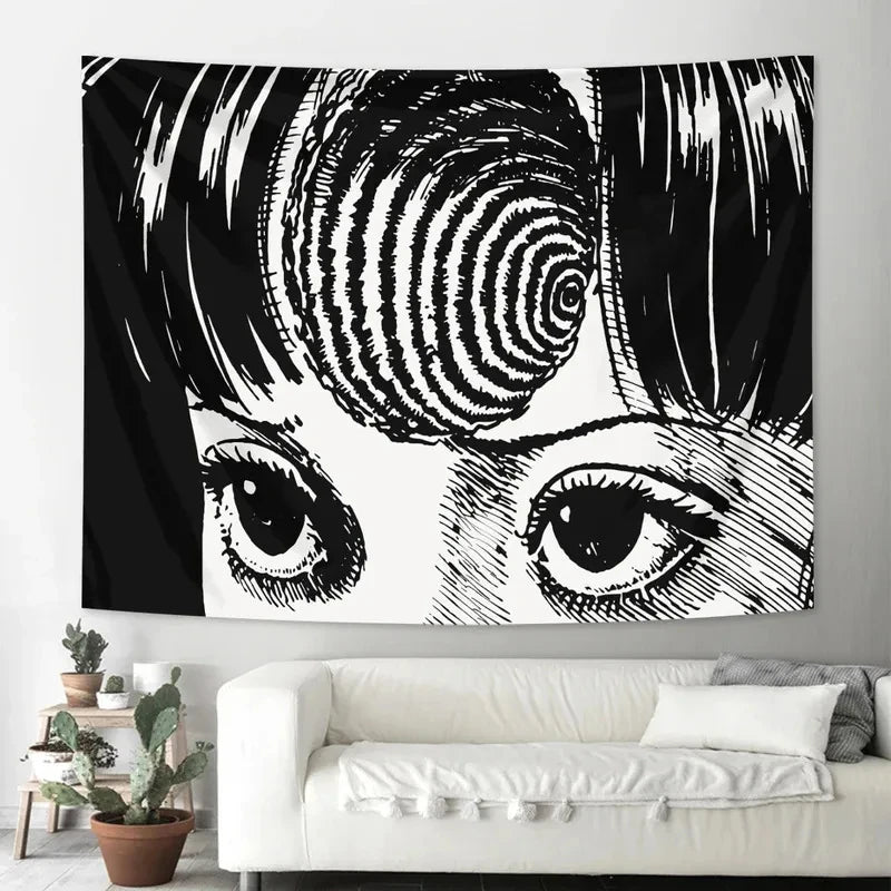 A black and white tapestry wall hanging featuring a stylized eye design inspired by Junji Ito manga.