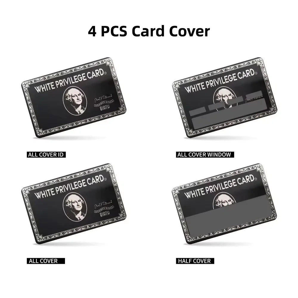 Four pieces of white privilege card stickers shown in various designs and covers