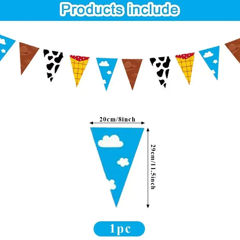 A collection of colorful pennant banners featuring various shapes and designs including triangles, squares, and a blue sky cl