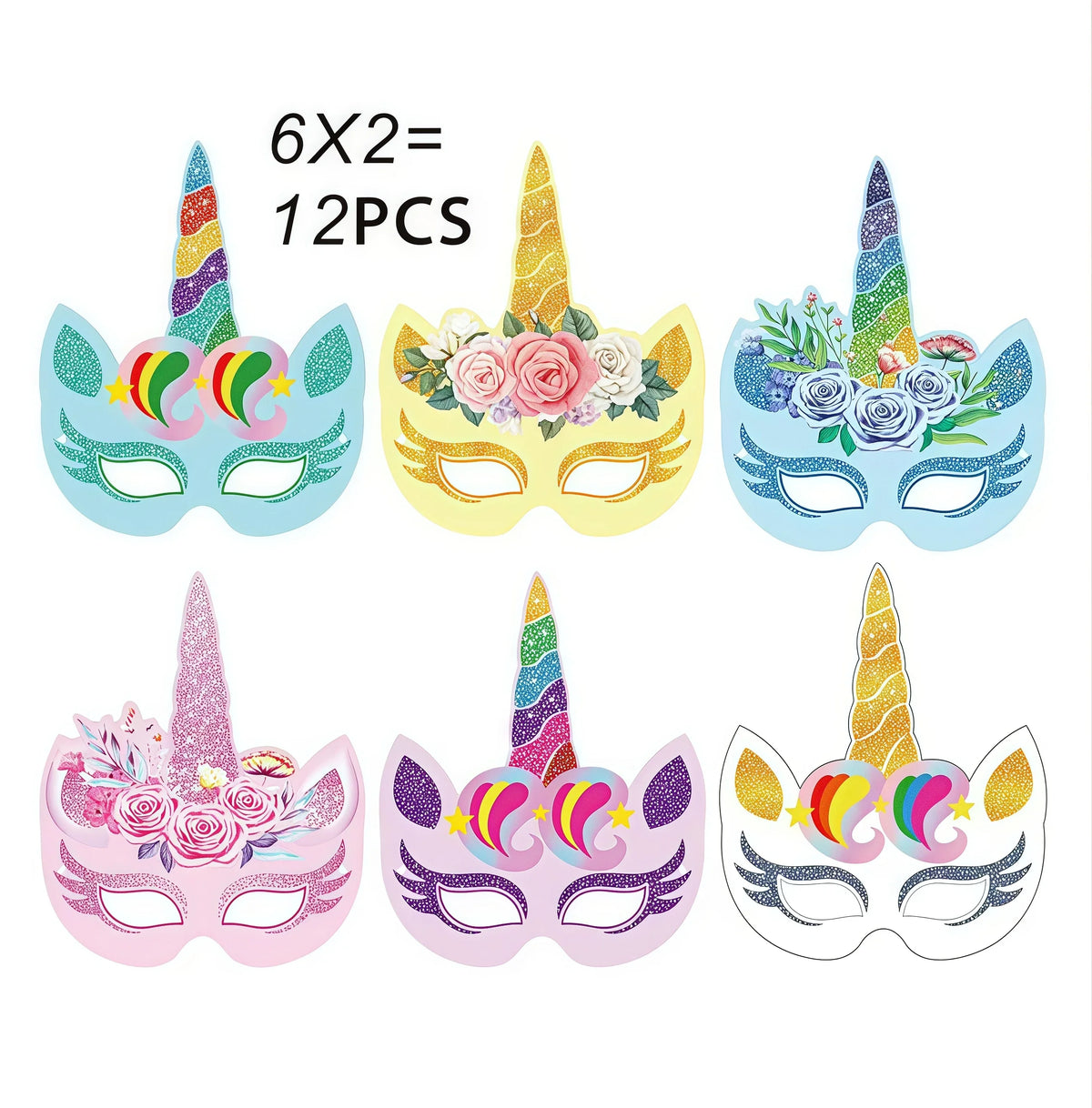 A set of 12 unicorn-themed face masks in various colors and designs for a birthday party.