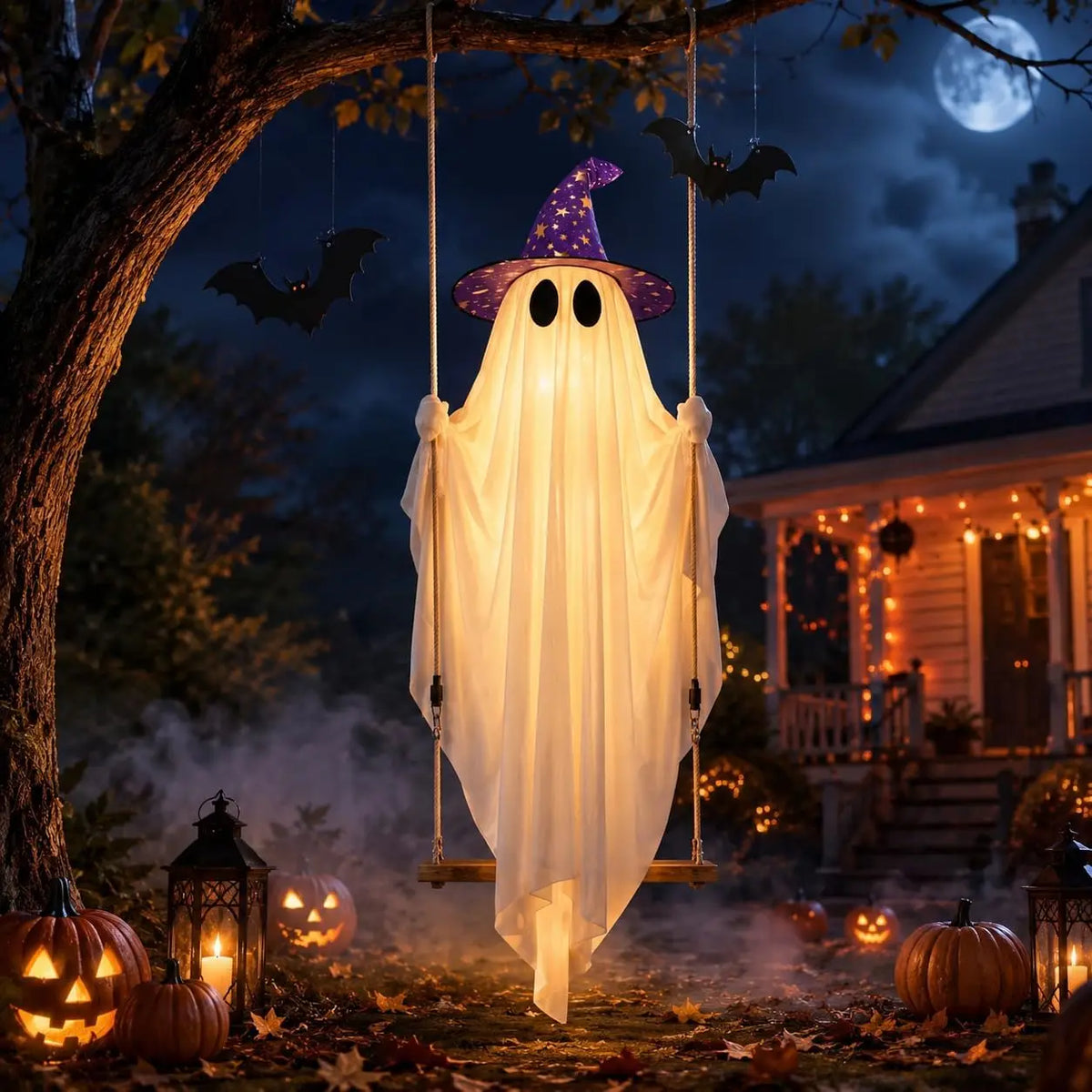 Una decoración fantasma de tela blanca brillante cuelga de una rama bajo una luna llena con murciélagos y calabazas de fondo.