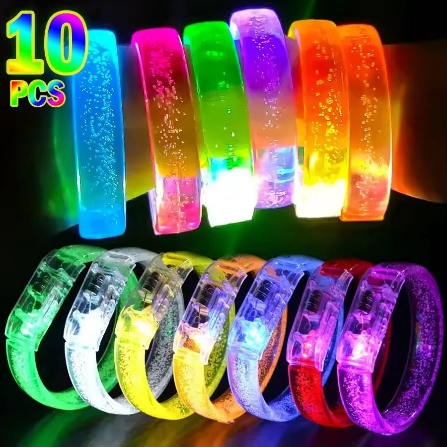 A collection of ten glowing LED flash bracelets in various colors like blue, green, yellow, and purple.
