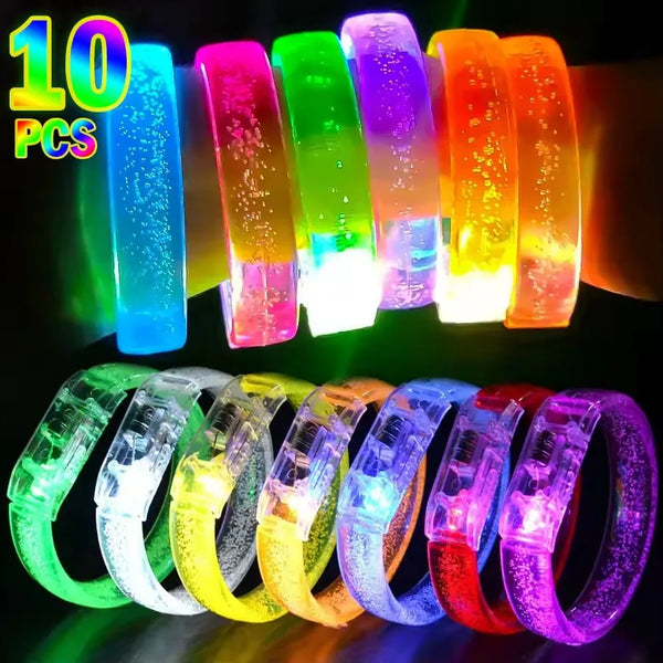 A collection of ten glowing LED flash bracelets in various colors like blue, green, yellow, and purple.