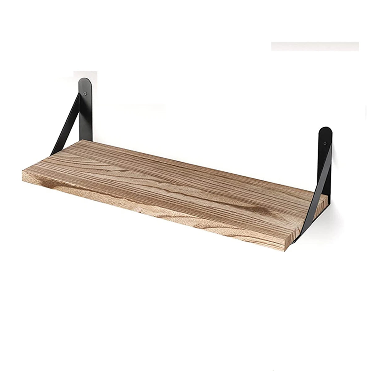 A natural wood floating wall shelf with black mounting brackets.