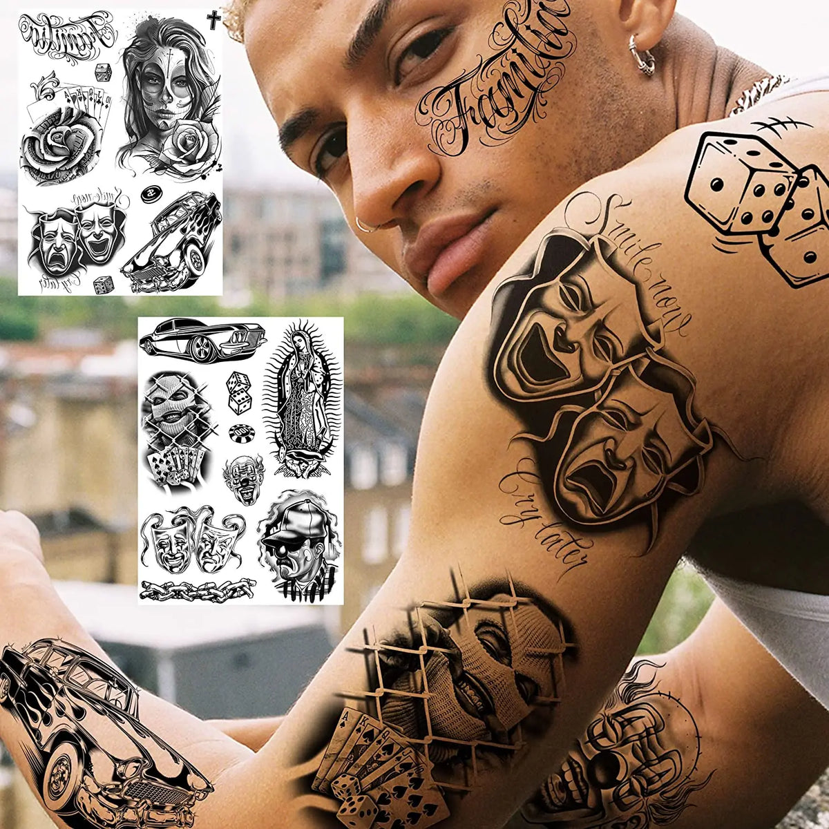 A close-up of a man's arm and face decorated with black ink chicano temporary tattoos featuring skulls and detailed artwork.