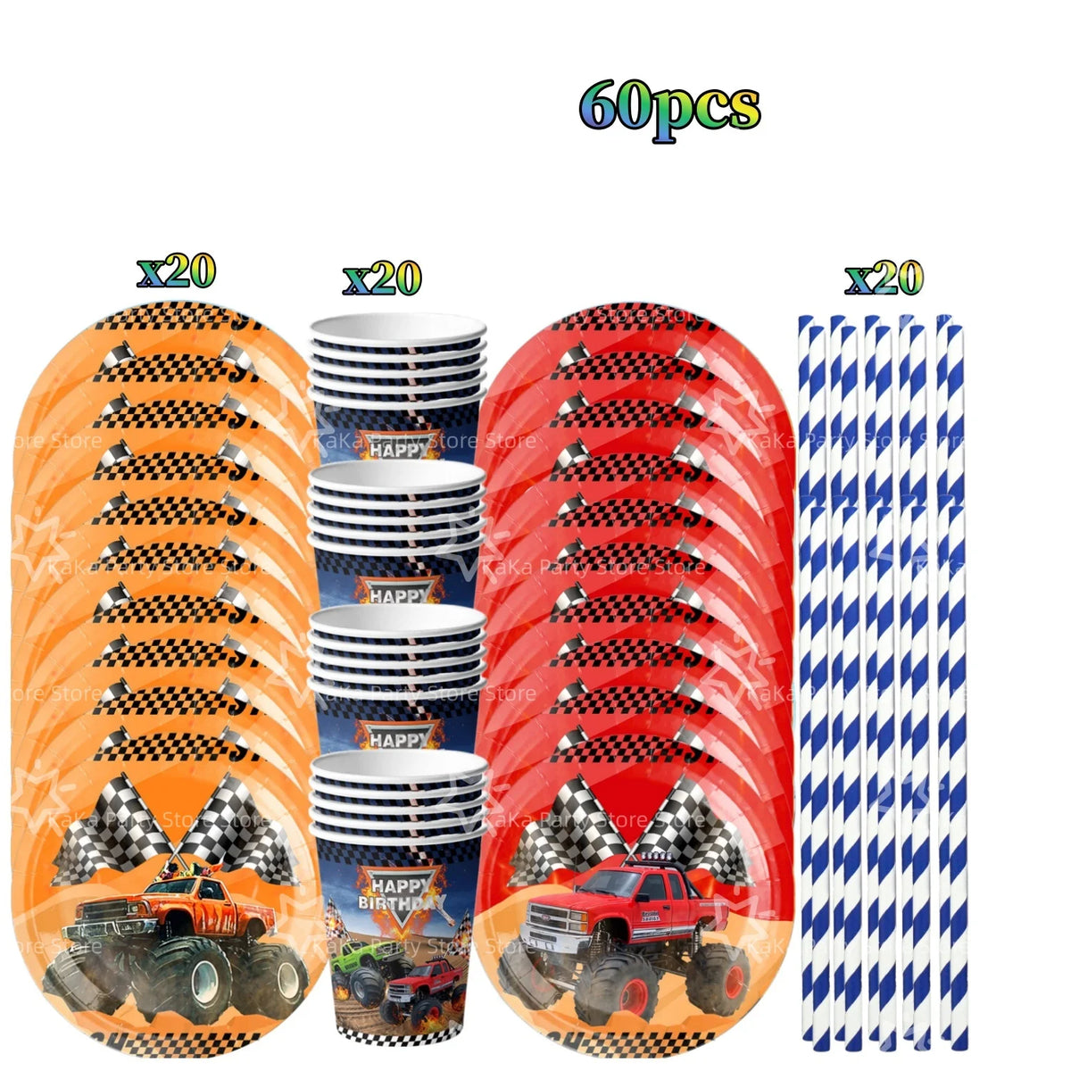 A kit for a monster truck birthday party decoration featuring tableware and a backdrop with checkered patterns and vehicle im
