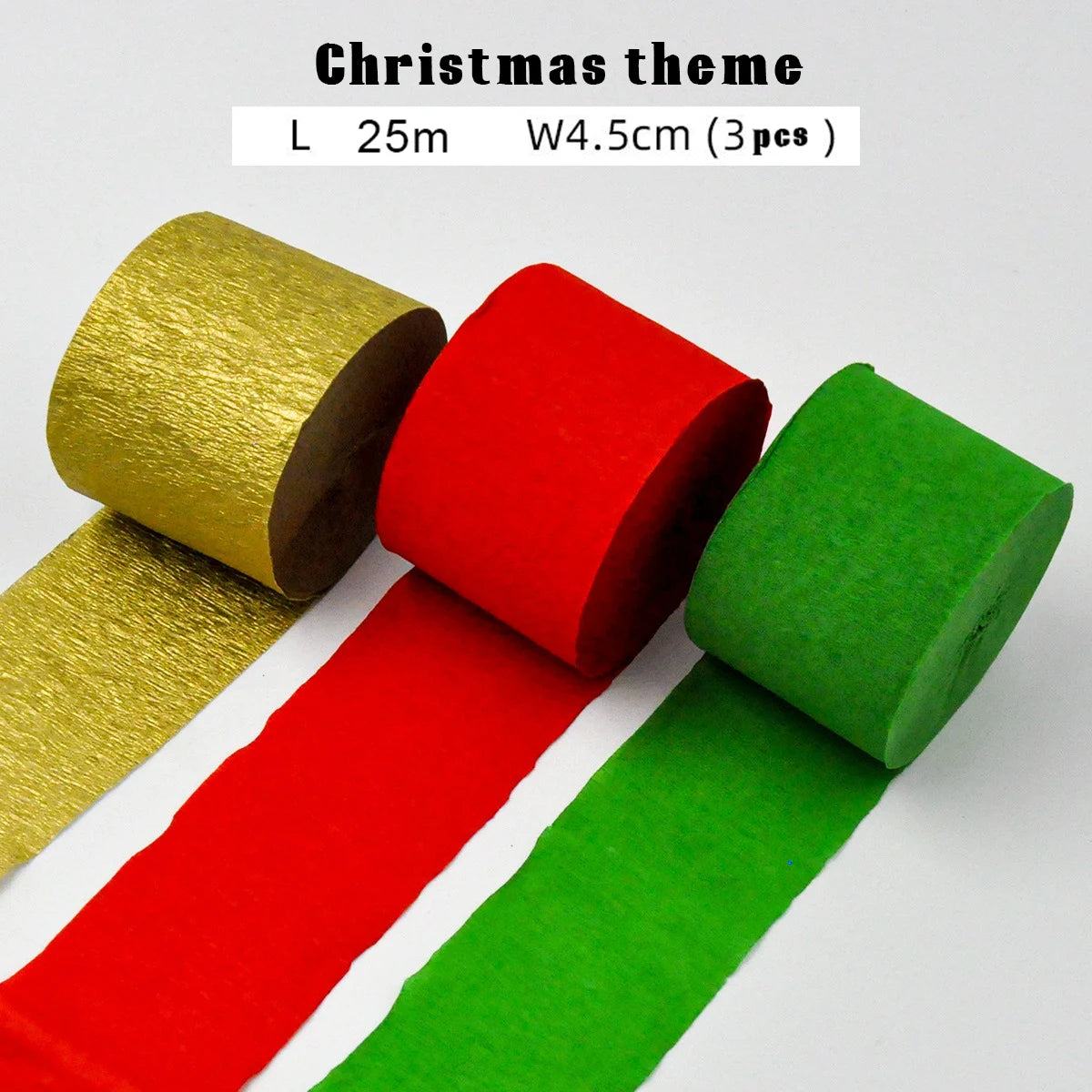 Ein Set aus drei Weihnachts-Crepppapier-Girlanden in Gold, Rot und Grün.