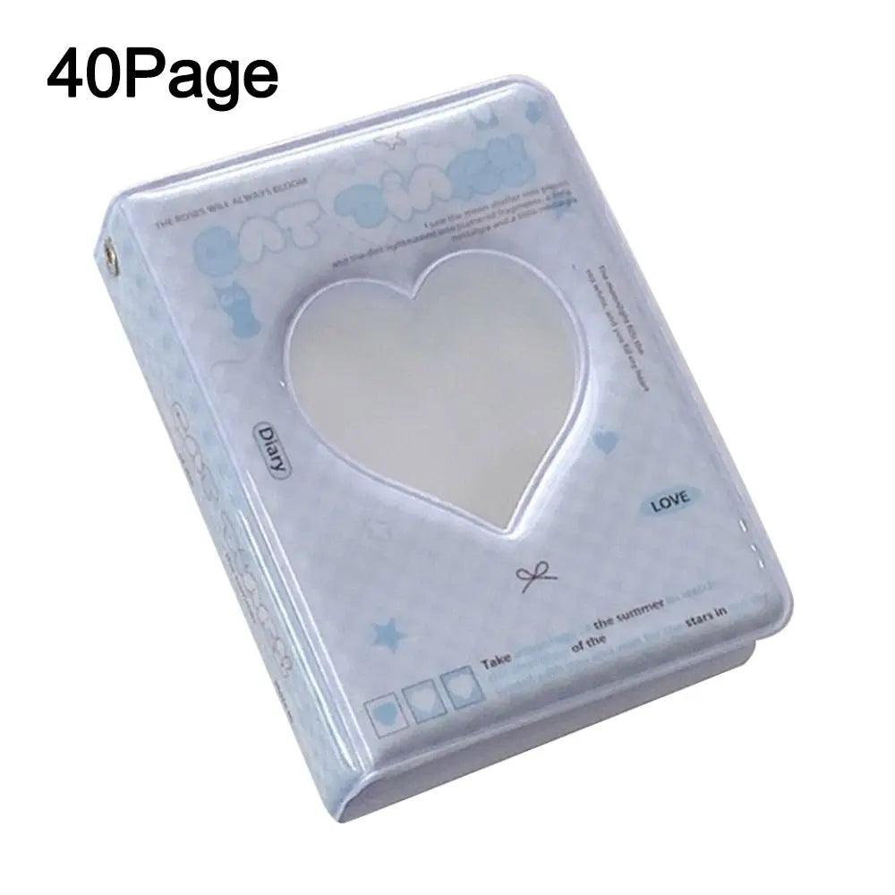 A light blue 40Page photo album with a heart-shaped clear cover and decorative text.