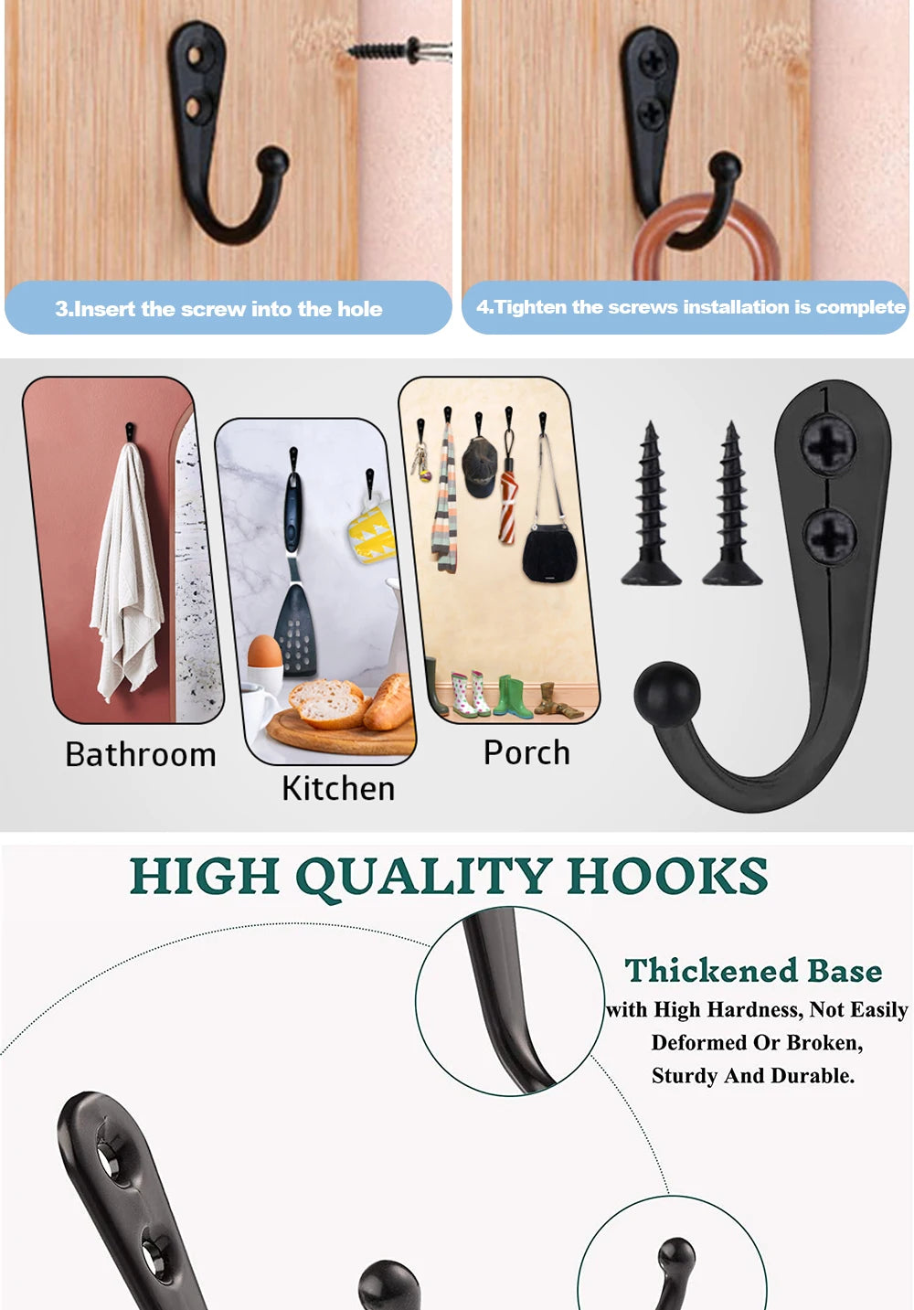 Set of black rustproof zinc alloy wall hooks with screws for hanging coats, bags, and towels