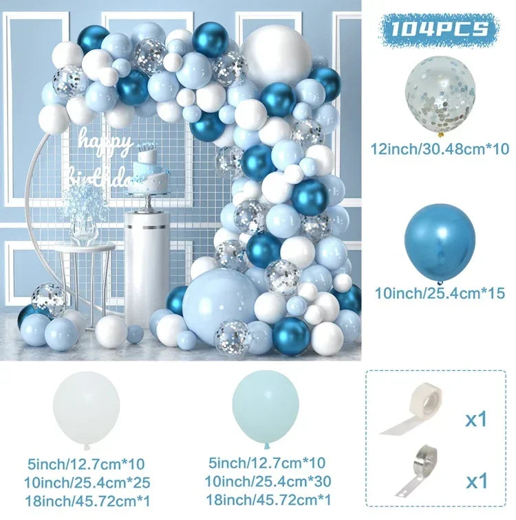 Blue balloon garland arch kit featuring various sizes of blue and white balloons for weddings and parties