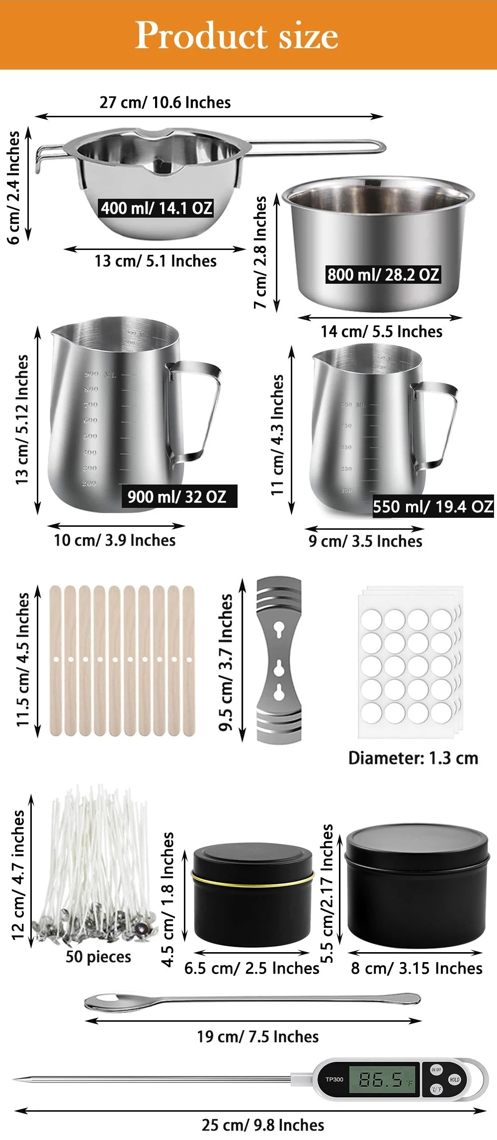 Diagram showing various sizes of a candle making kit including melting pots, pitchers, and tools.