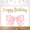 A pink plaid bow tie birthday party backdrop banner featuring a large golden text saying Happy Birthday