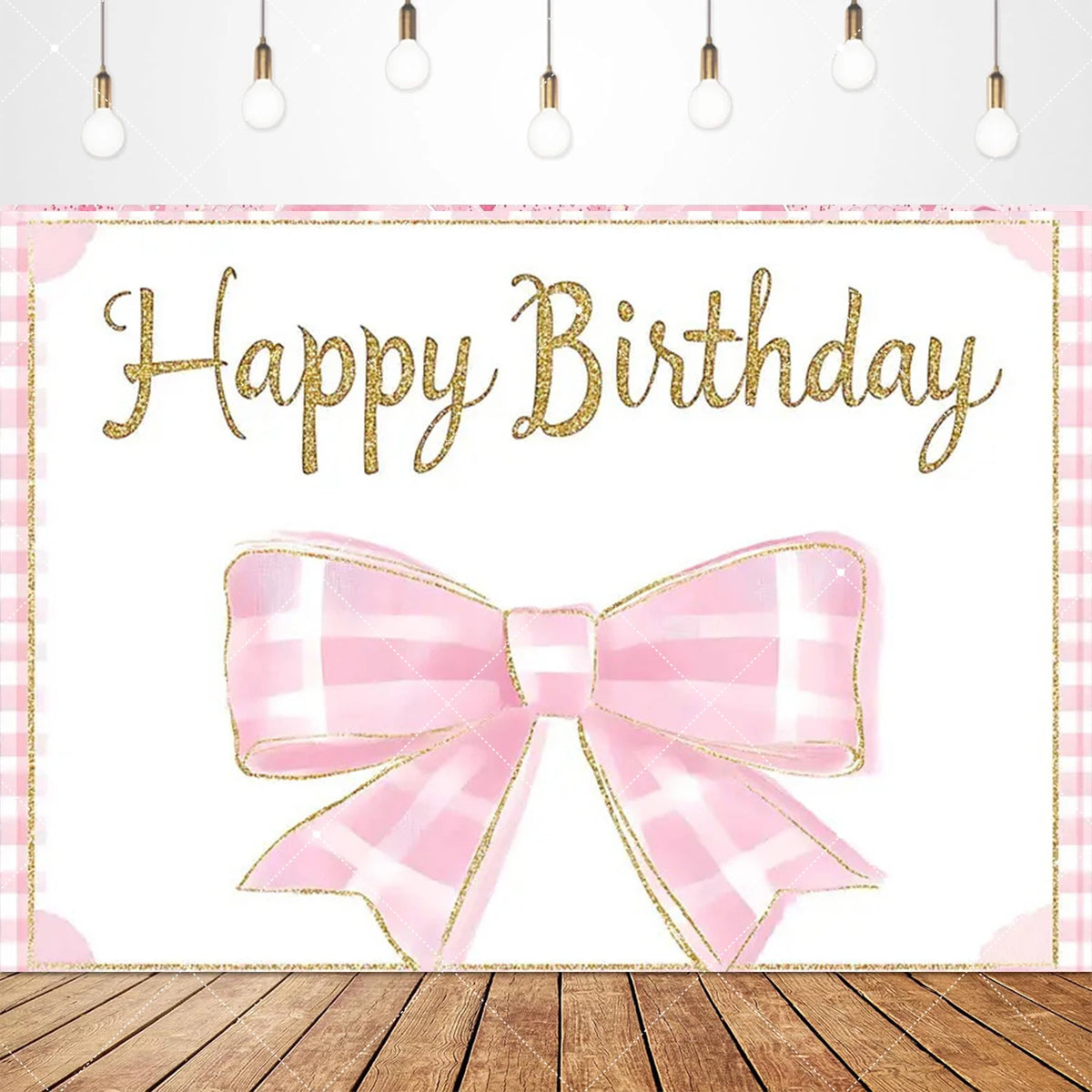 A pink plaid bow tie birthday party backdrop banner featuring a large golden text saying Happy Birthday