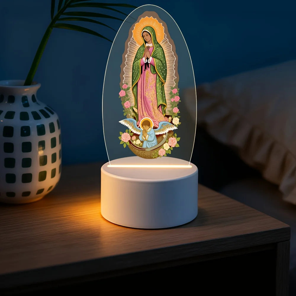 Lampe de nuit décorative rétro avec un ovale de verre translucide représentant la Vierge Marie et un chérubin.