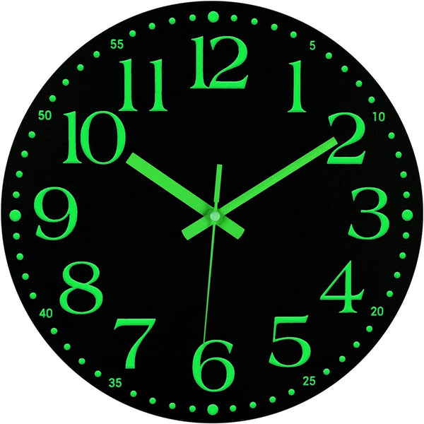 A black analog clock face with bright green hour and minute markings.